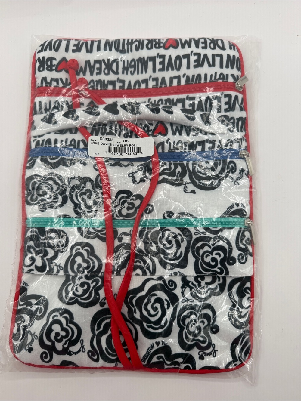 NWT Brighton White Black Floral Love Print Jewelry Roll with Red Trim